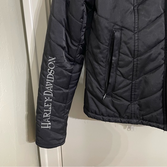 Harley Davidson Quilted Black Jacket Puffer Faux Fur Hood Womens Small - Picture 4 of 10
